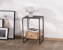Meuble House Table de chevet design en métal et bois avec plateau en placage pierre