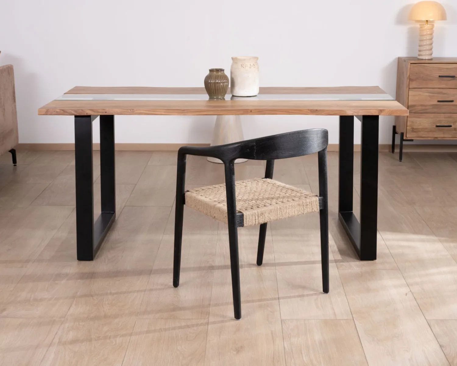 Meuble House Table de repas en acacia avec centre en verre "Novelli" 175 cm Hot