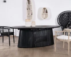 Meuble House Table de repas ovale 210 cm en teck noir pied central ajouré
