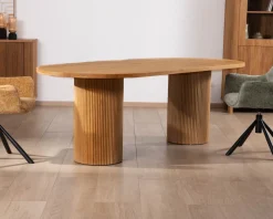 Meuble House Table de repas ovale 220 cm et pieds ronds cannelés en chêne huilé "Winton" style rétro Online