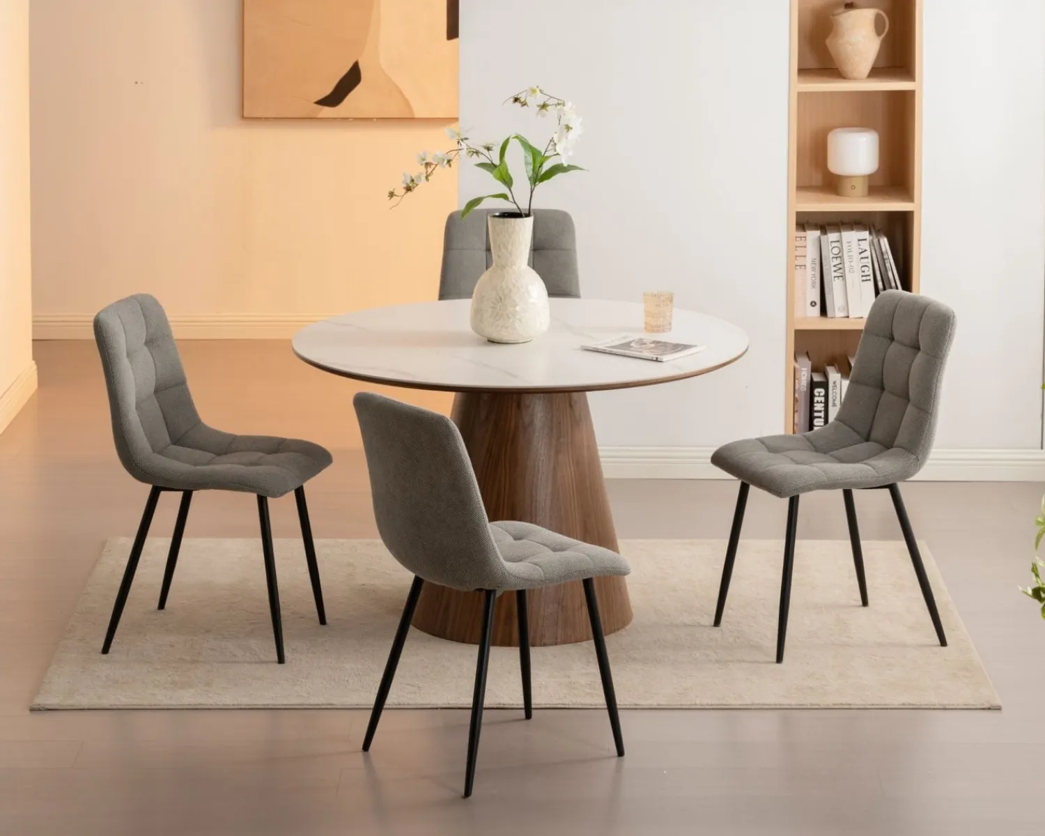Meuble House Table de repas ronde 120 cm plateau céramique blanc effet marbre "Oria" piètement aspect noyer