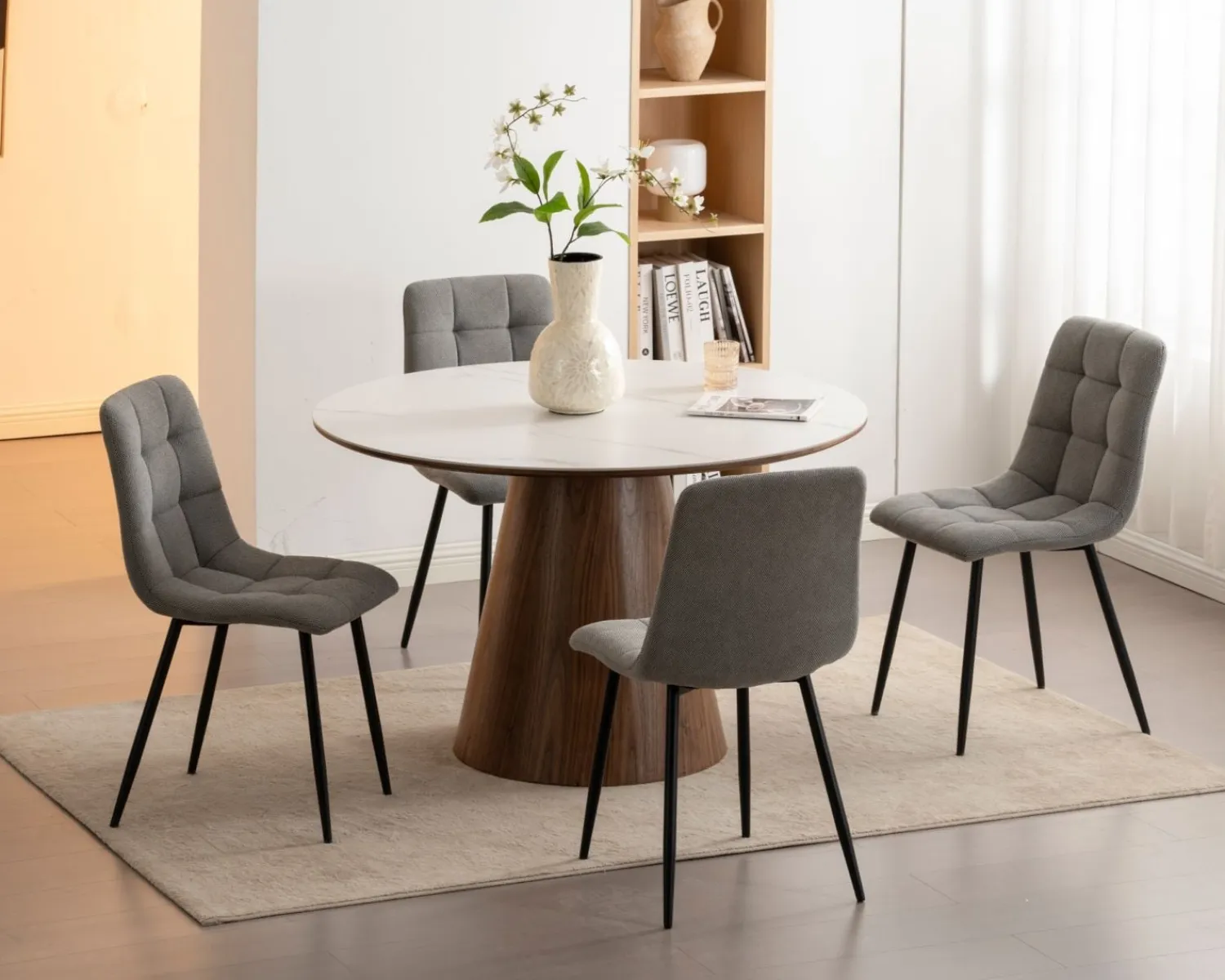 Meuble House Table de repas ronde 120 cm plateau céramique blanc effet marbre "Oria" piètement aspect noyer