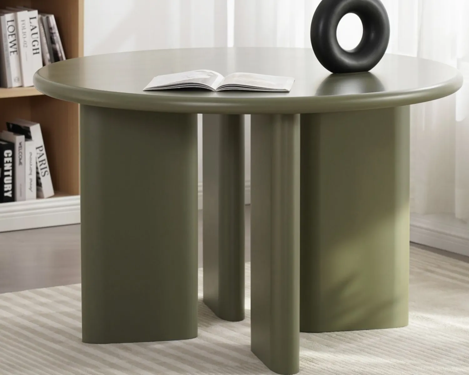 Meuble House Table de repas ronde coloris vert sauge "Odyna" 120 cm piètement sculptural Discount