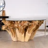 Meuble House Table de repas ronde en racine de teck naturel avec plateau verre "Jungle" Online