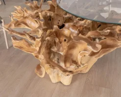 Meuble House Table de repas ronde en racine de teck naturel avec plateau verre "Jungle" Online