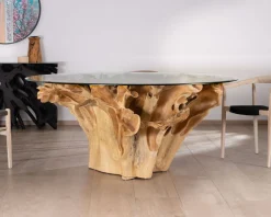 Meuble House Table de repas ronde en racine de teck naturel avec plateau verre 