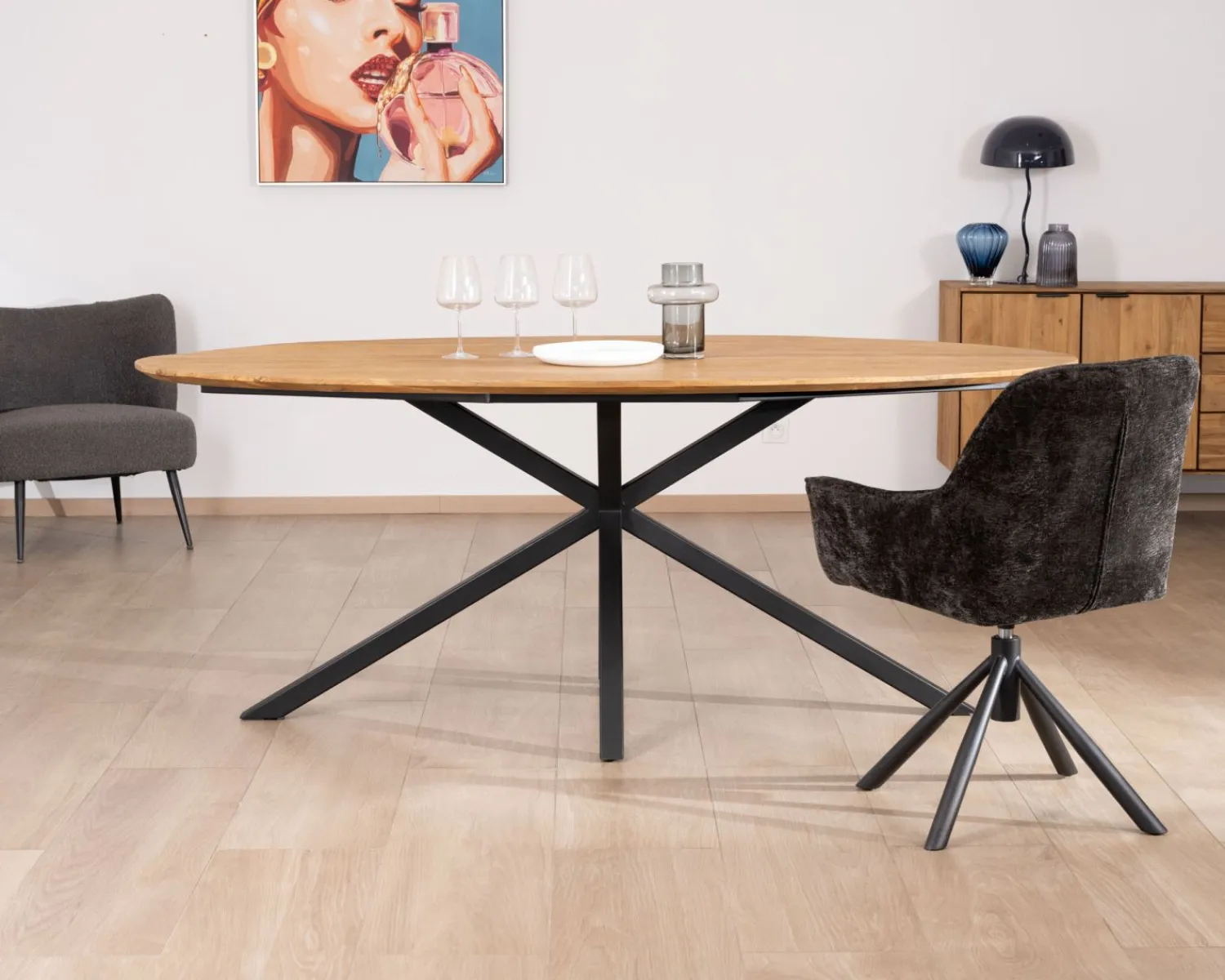 Meuble House Table de salle à manger ovale en teck naturel "Bahia" pieds mikado métal New