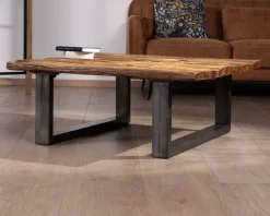 Meuble House Table de salon carrée en bois recyclé naturel plateau verre et pieds U noir antique