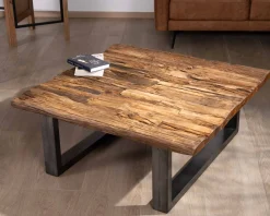 Meuble House Table de salon carrée en bois recyclé naturel plateau verre et pieds U noir antique