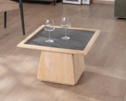 Meuble House Table de salon carrée en manguier avec plateau placage pierre