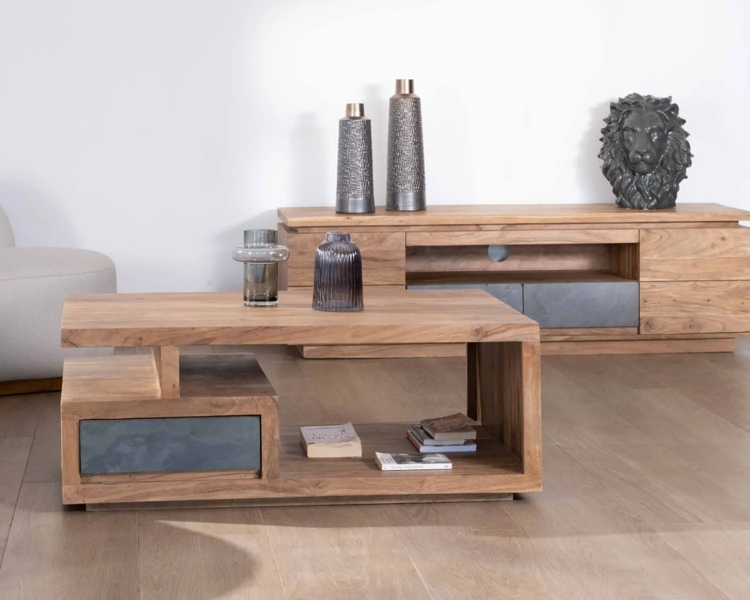 Meuble House Table de salon contemporaine rectangulaire 120x70cm en acacia massif "Paguera" New