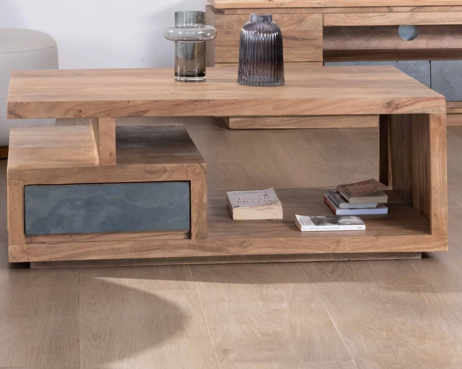 Meuble House Table de salon contemporaine rectangulaire 120x70cm en acacia massif "Paguera" New