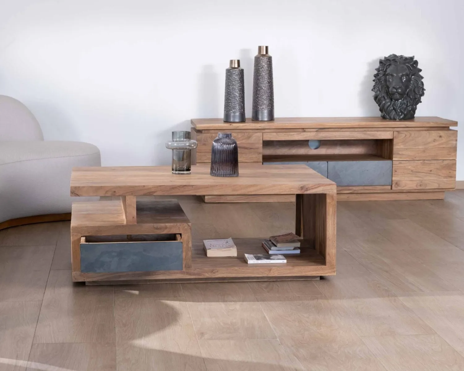 Meuble House Table de salon contemporaine rectangulaire 120x70cm en acacia massif "Paguera" New