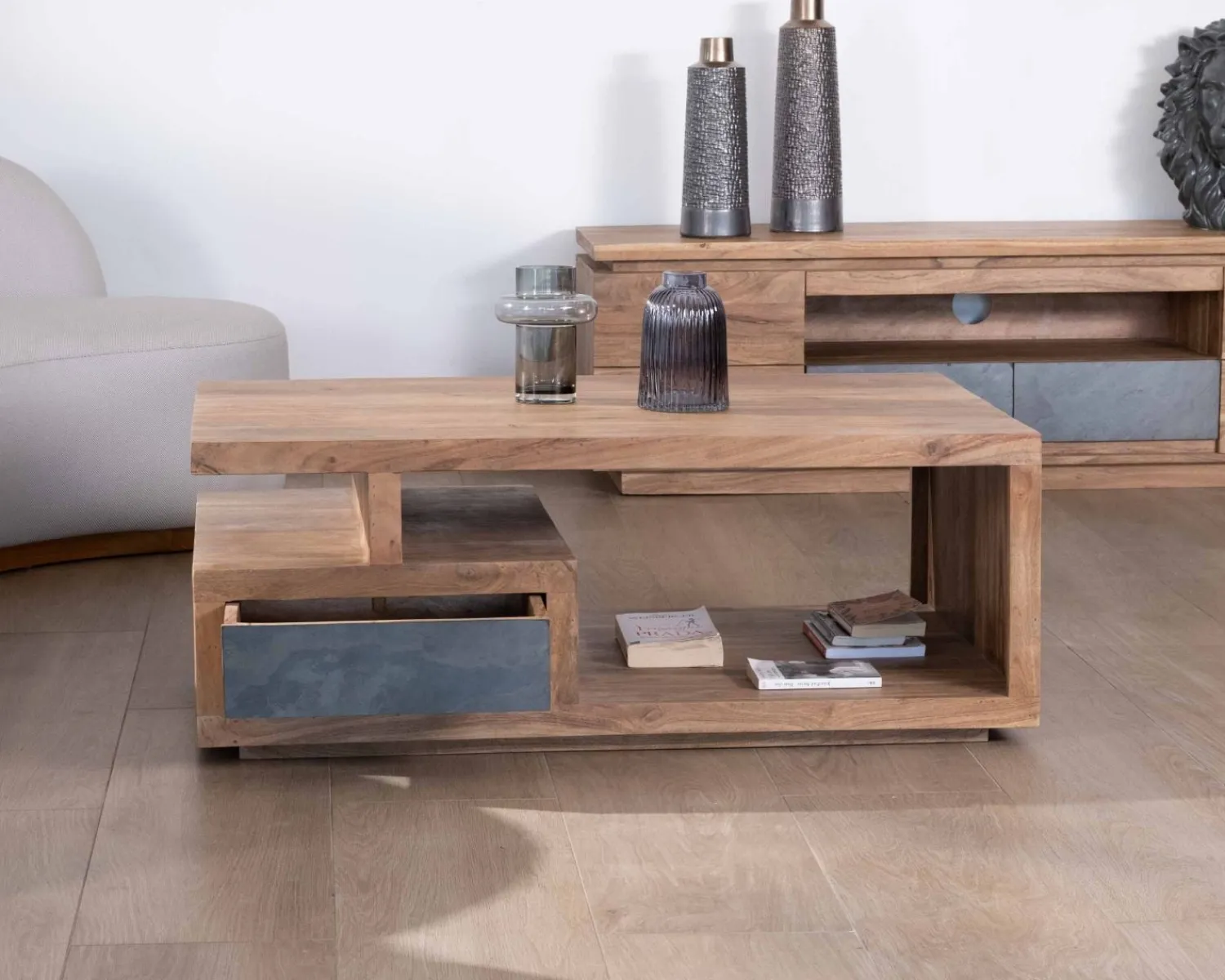 Meuble House Table de salon contemporaine rectangulaire 120x70cm en acacia massif "Paguera" New