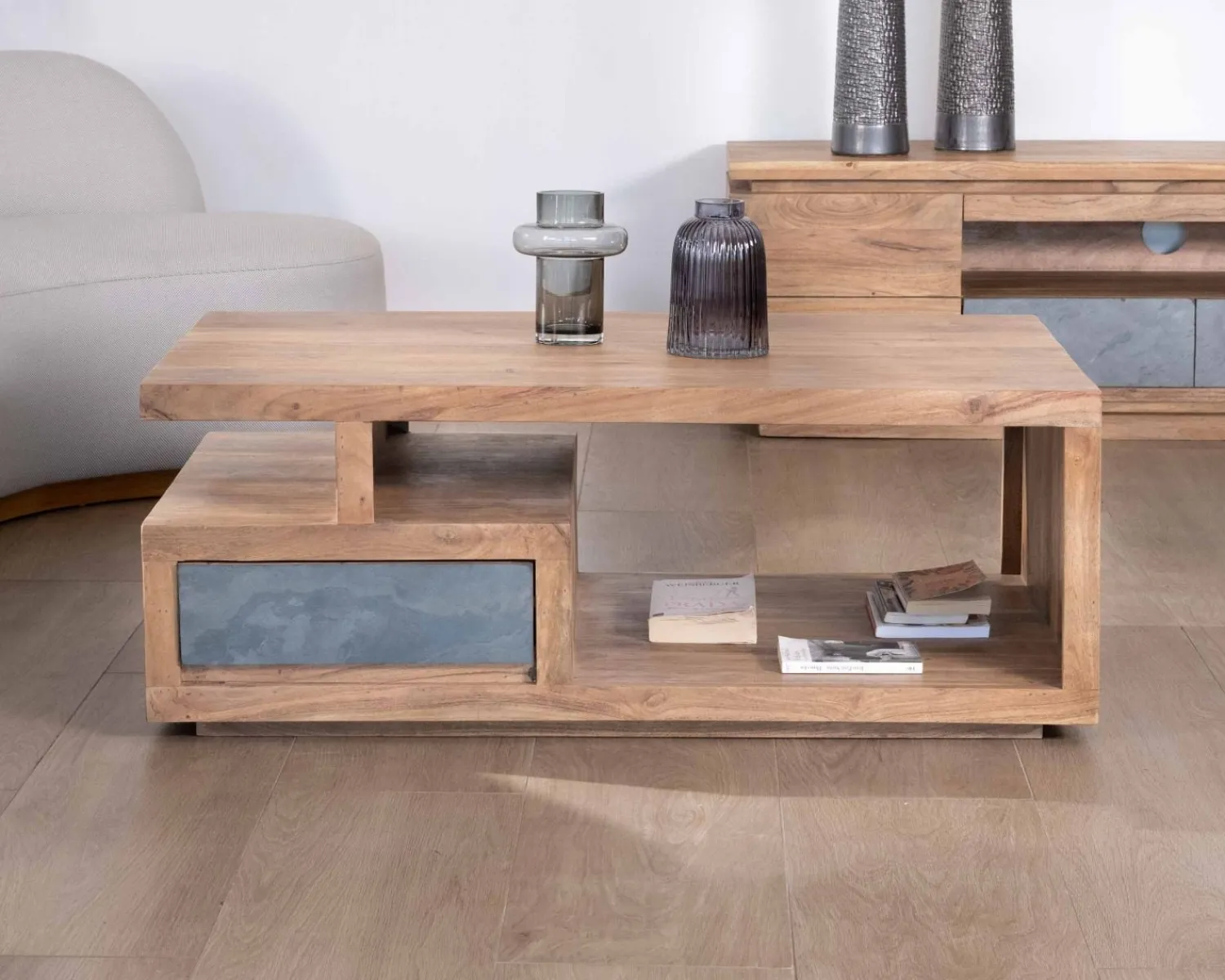 Meuble House Table de salon contemporaine rectangulaire 120x70cm en acacia massif "Paguera" New
