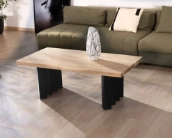 Meuble House Table de salon design en acacia naturel et pieds métal plissés 