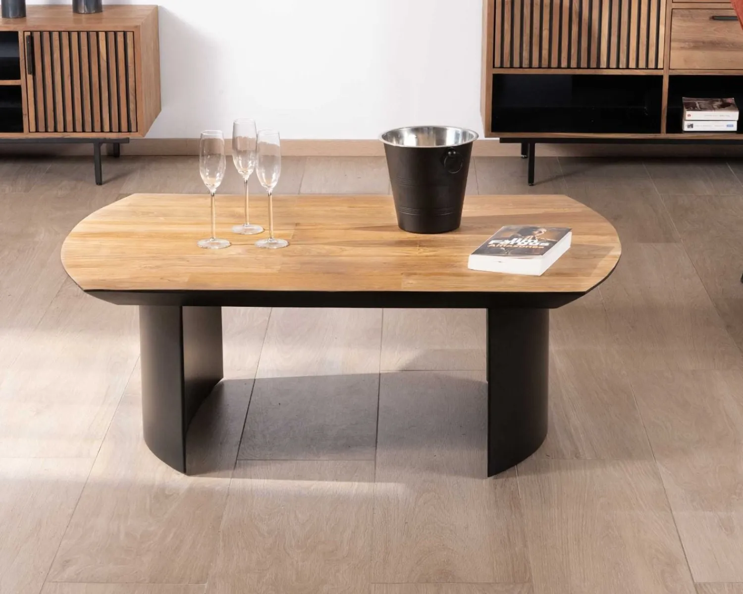Meuble House Table de salon en teck recyclé et pieds demi sphère en métal noir "Troms" 120 cm Outlet