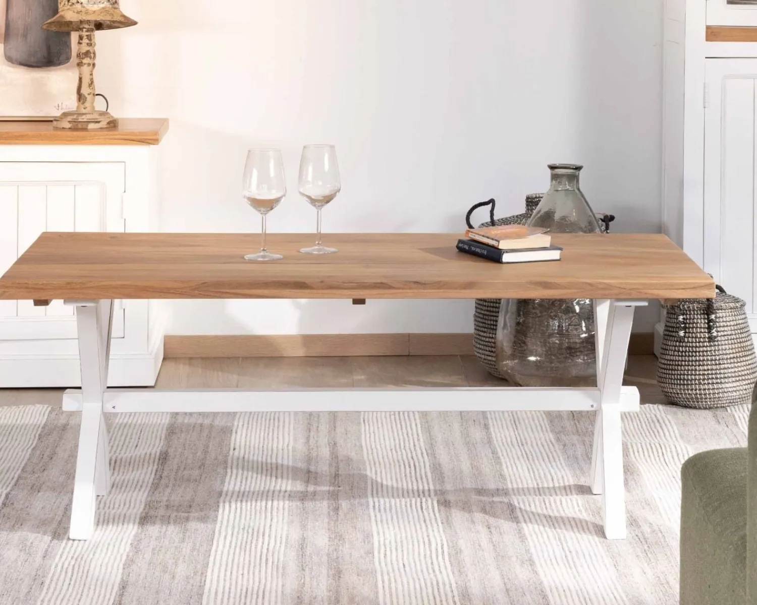 Meuble House Table de salon rectangulaire en acacia et pied blanc style champêtre "Trégastel" Online