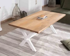 Meuble House Table de salon rectangulaire en acacia et pied blanc style champêtre