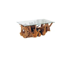 Meuble House Table de salon rectangulaire racine en teck et plateau en verre "Roots" New
