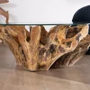 Meuble House Table de salon ronde 110 cm en racine de teck massive avec plateau verre "Kanoa" Discount