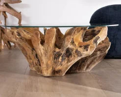 Meuble House Table de salon ronde 110 cm en racine de teck massive avec plateau verre "Kanoa" Discount