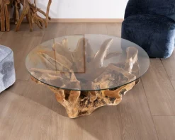 Meuble House Table de salon ronde 110 cm en racine de teck massive avec plateau verre 