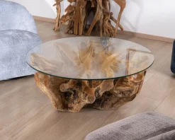 Meuble House Table de salon ronde 110 cm en racine de teck massive avec plateau verre 