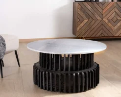 Meuble House Table de salon ronde en bois recyclé et plateau en pierre claire