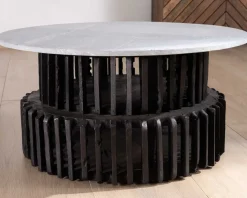 Meuble House Table de salon ronde en bois recyclé et plateau en pierre claire