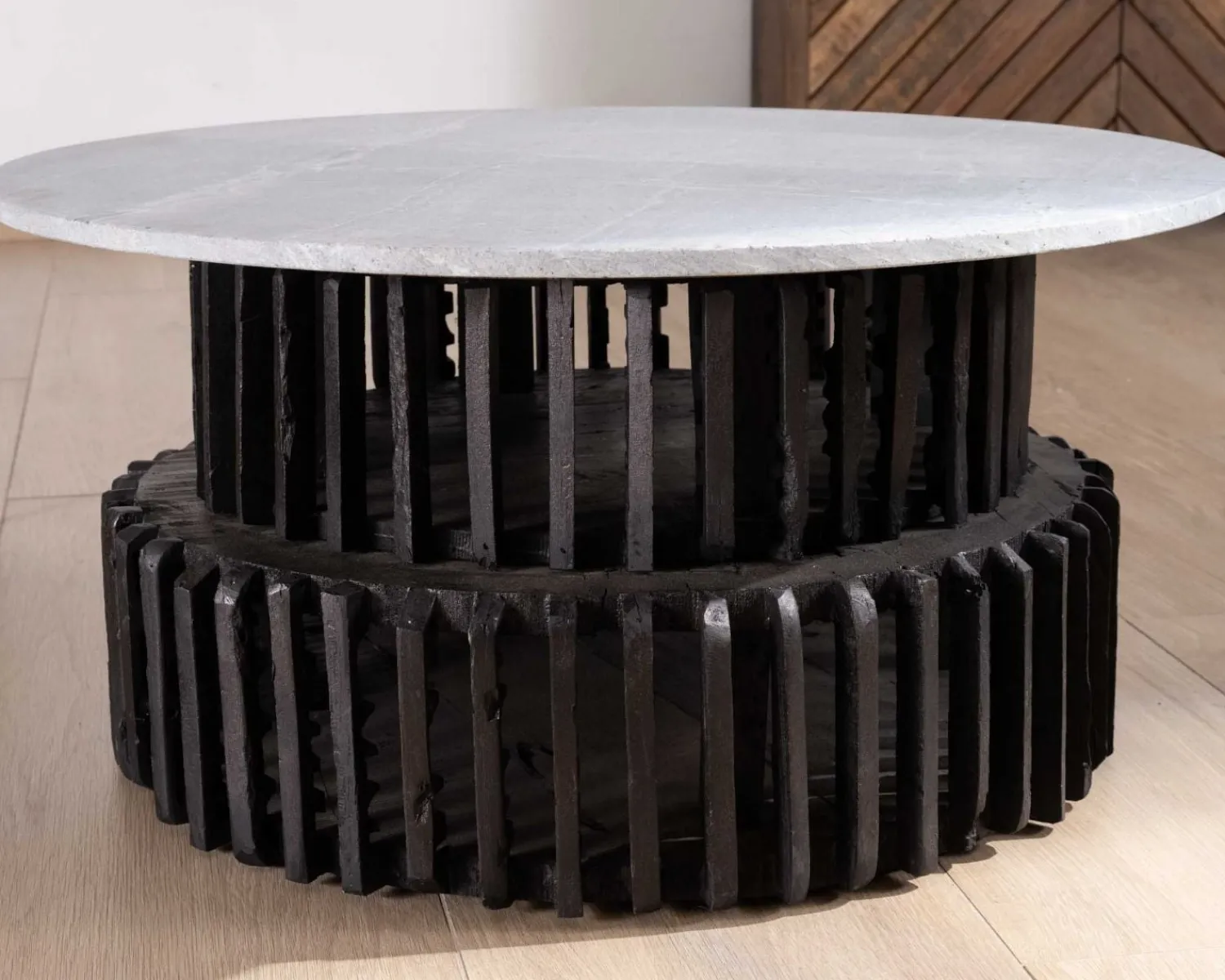 Meuble House Table de salon ronde en bois recyclé et plateau en pierre claire "Népalaise" New