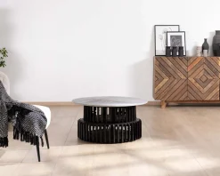 Meuble House Table de salon ronde en bois recyclé et plateau en pierre claire