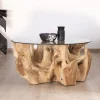 Meuble House Table de salon ronde en racine de teck naturel avec plateau verre "Jungle" Best