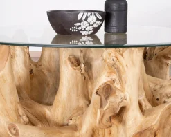 Meuble House Table de salon ronde en racine de teck naturel avec plateau verre 