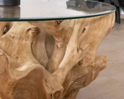 Meuble House Table de salon ronde en racine de teck naturel avec plateau verre 