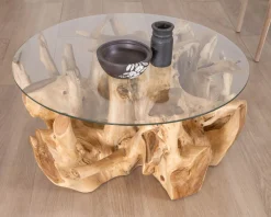 Meuble House Table de salon ronde en racine de teck naturel avec plateau verre 