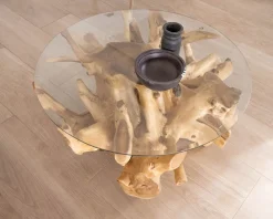 Meuble House Table de salon ronde en racine de teck naturel avec plateau verre 