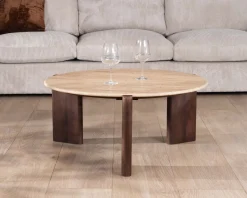 Meuble House Table de salon ronde en travertin et manguier "Archipel" 90 cm Hot