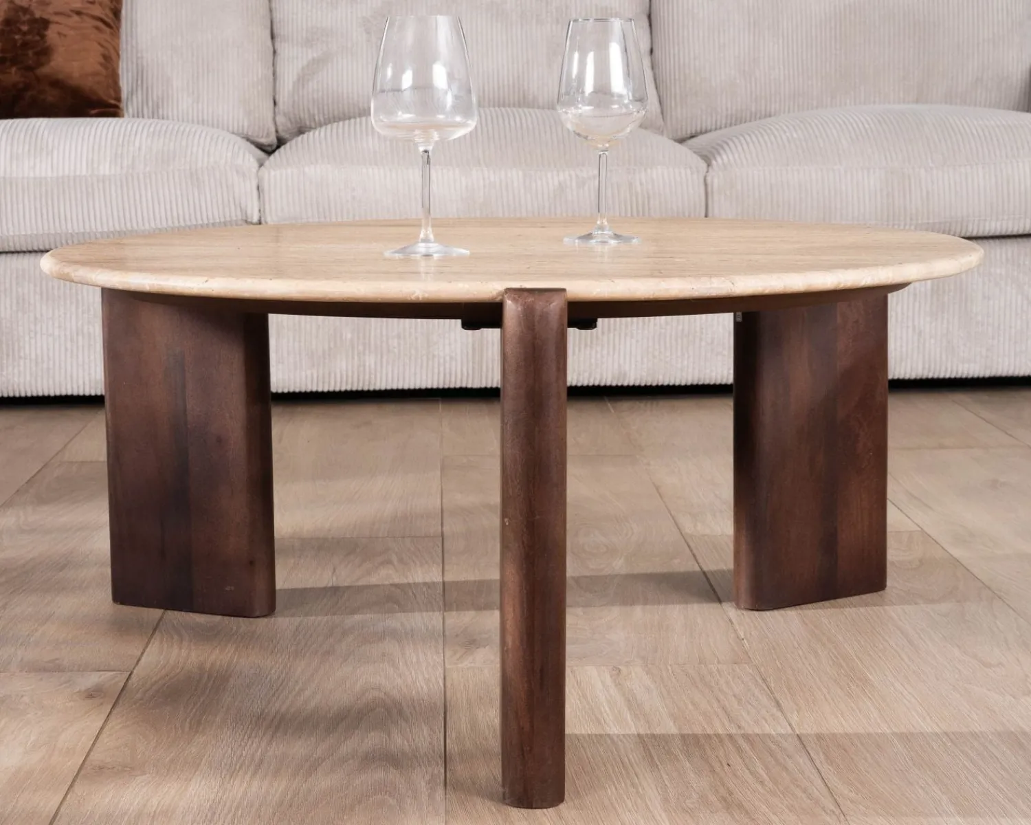 Meuble House Table de salon ronde en travertin et manguier "Archipel" 90 cm Hot