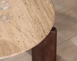 Meuble House Table de salon ronde en travertin et manguier