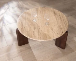 Meuble House Table de salon ronde en travertin et manguier