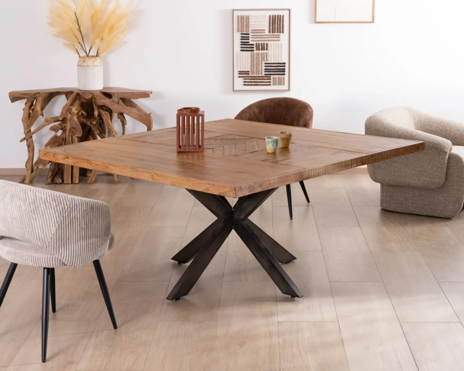 Meuble House Table design carrée métal et bois massif "Bronx" 130x130cm Hot