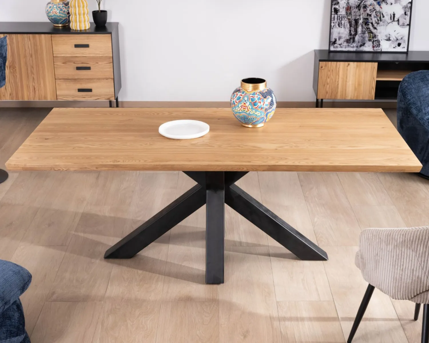 Meuble House Table à manger en frêne massif et pied étoile métal noir "Sydney" 2m Sale