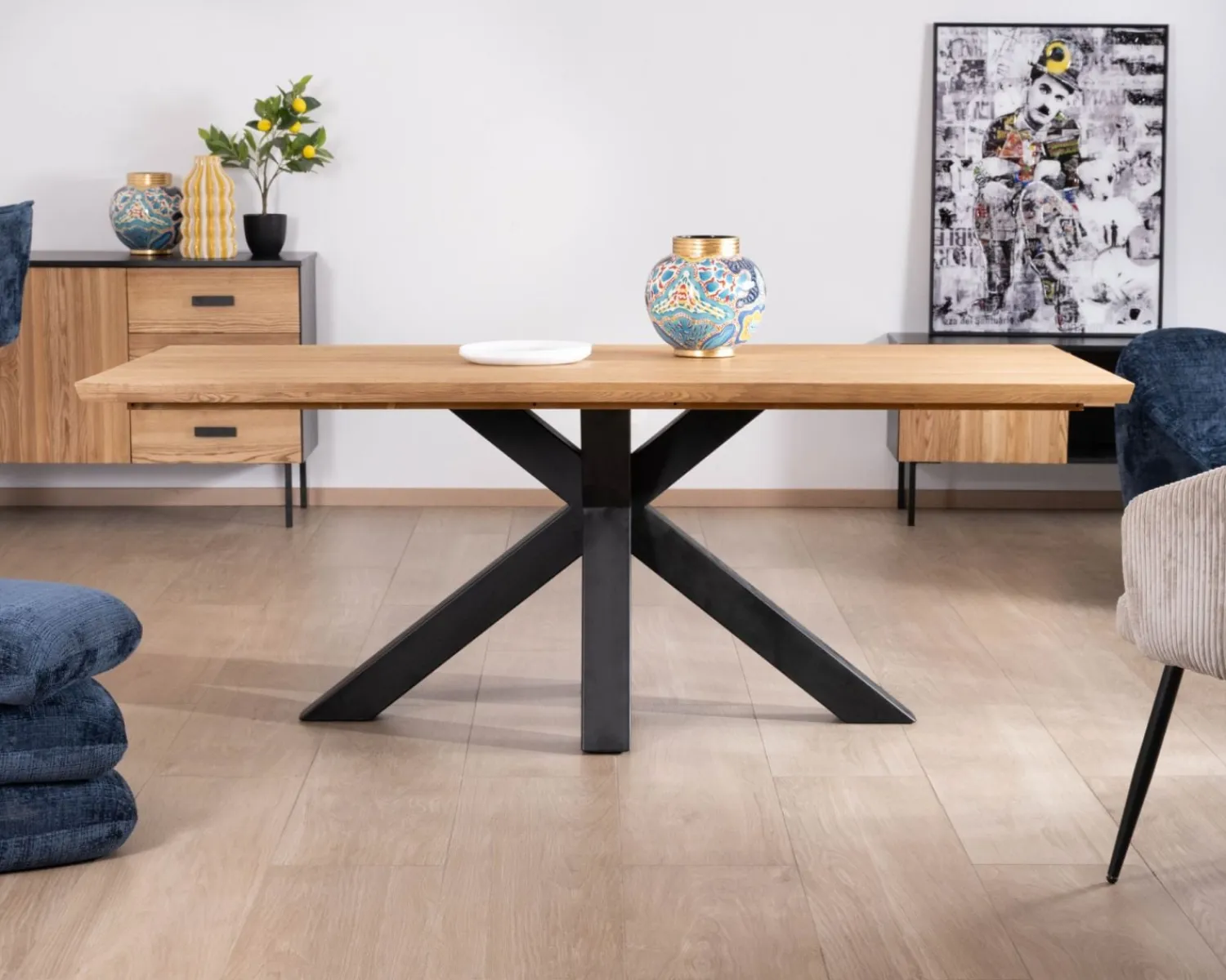 Meuble House Table à manger en frêne massif et pied étoile métal noir "Sydney" 2m Sale
