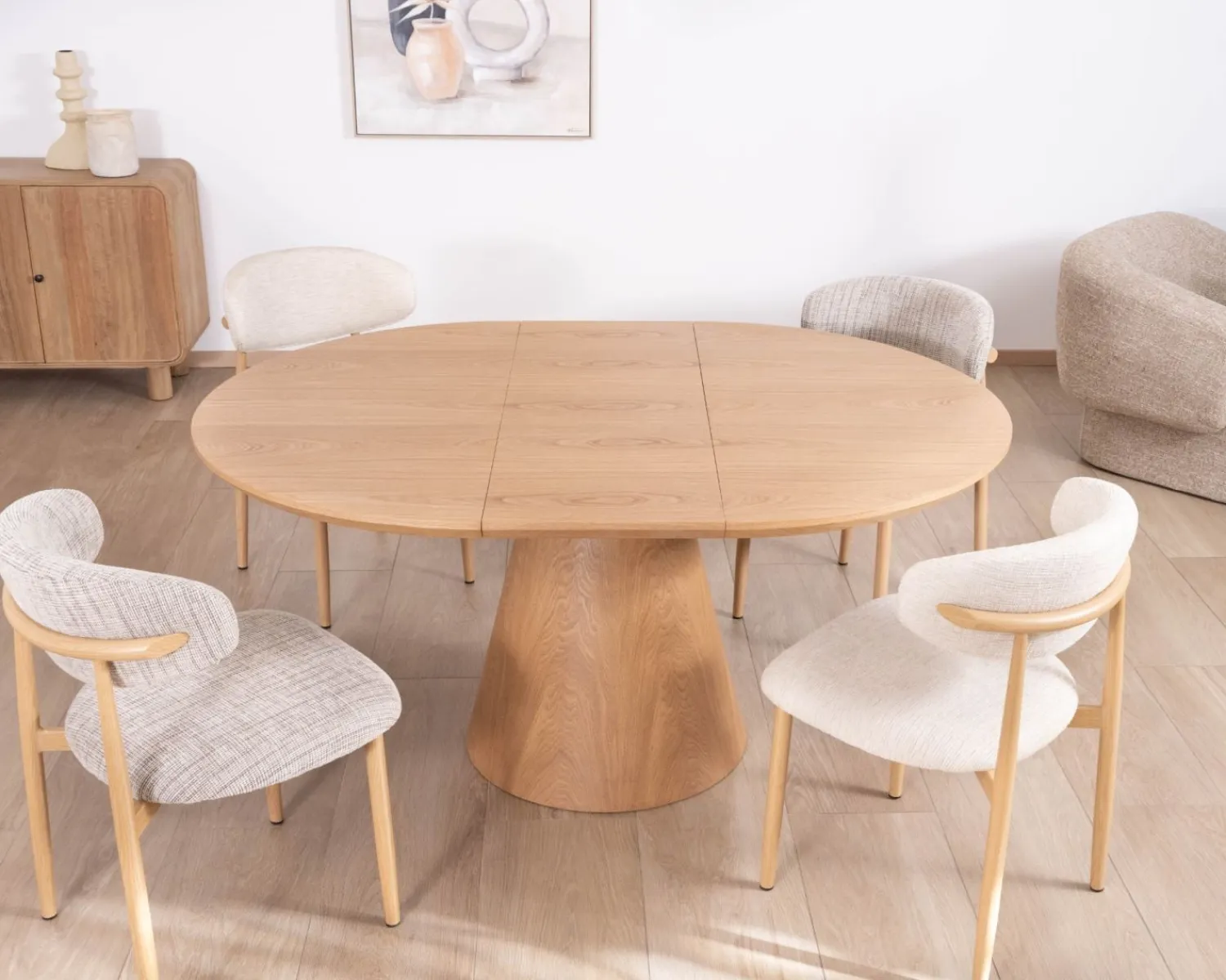 Meuble House Table à manger ronde 120 cm extensible 160 cm "Oria" style épuré aspect frêne Outlet