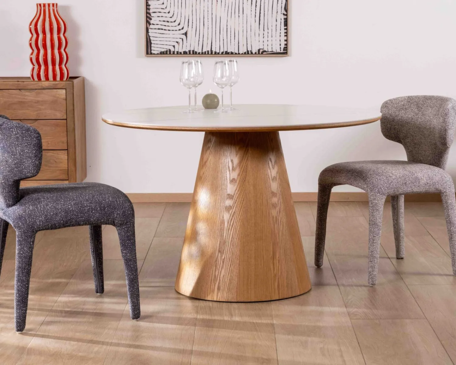 Meuble House Table ronde 120 cm plateau céramique blanc effet marbre "Oria" piètement aspect chêne Discount