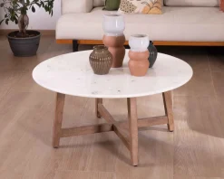 Meuble House Table ronde marbre 90 cm avec pieds obliques en manguier massif "Lor" New