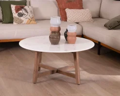 Meuble House Table ronde marbre 90 cm avec pieds obliques en manguier massif "Lor" New