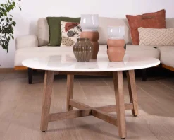 Meuble House Table ronde marbre 90 cm avec pieds obliques en manguier massif