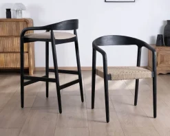 Meuble House Tabouret de bar noir design avec dosseret bois et assise rembourrée "Vogue" New